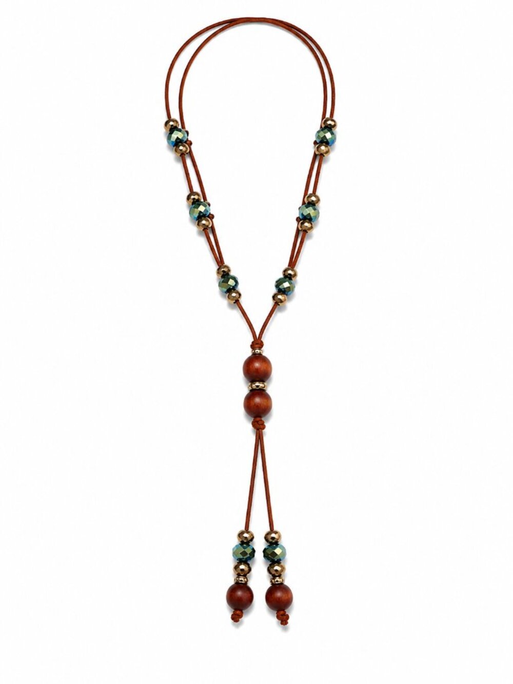 Artisan Adjustable Lariat Necklace Wood Bead & Faceted Crystal